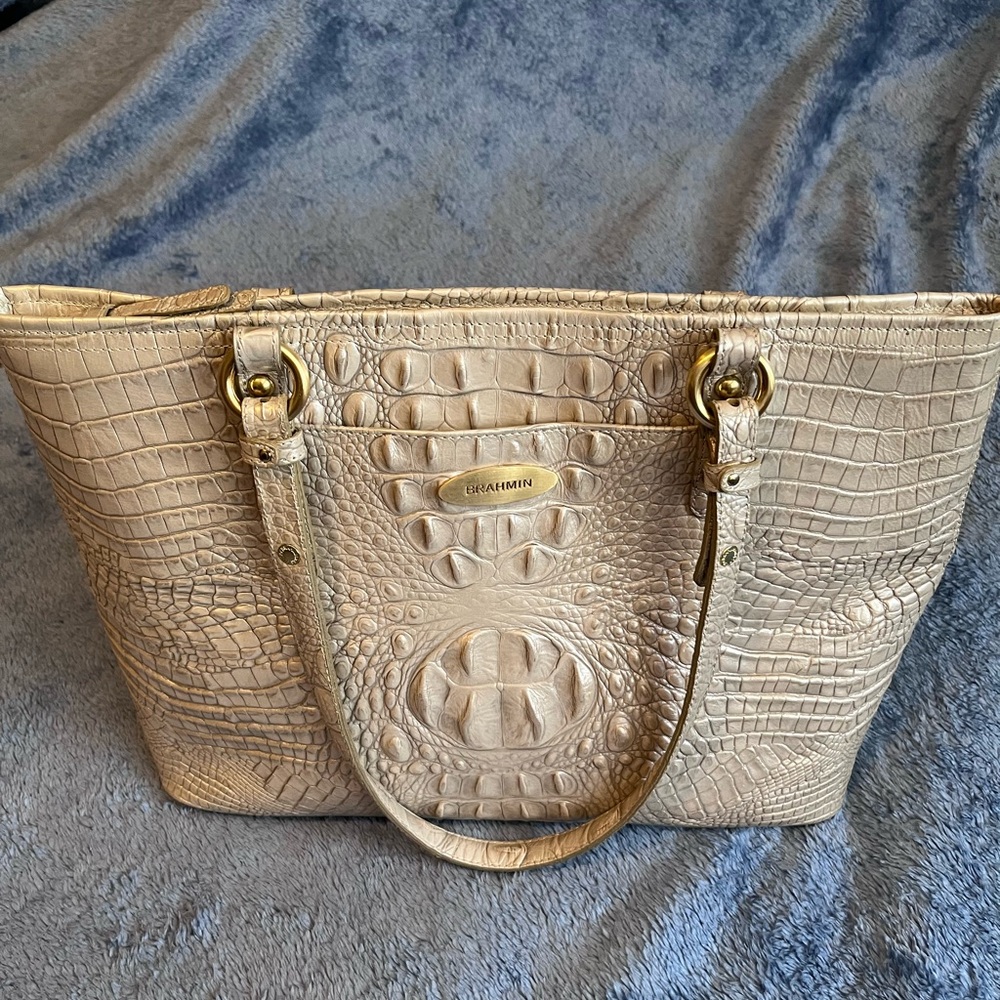 Brahmin Ivory/Tan Croc-Embossed Leather Tote with Gold Hardware